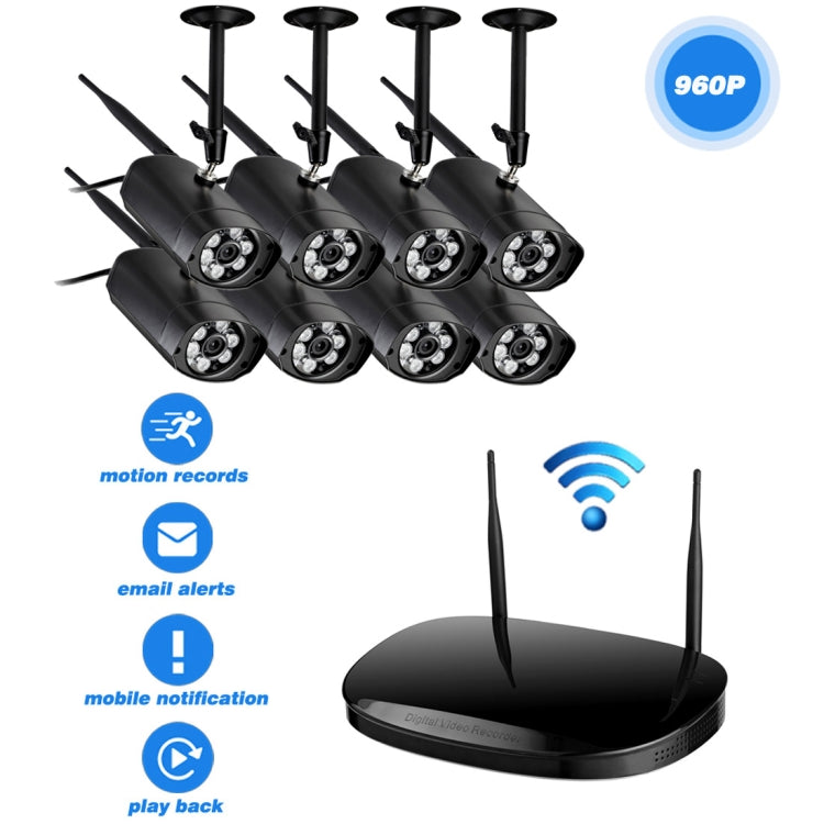 IPCC-KITB19-8CH-960P HD 960P 8CH 1/3.0 inch 1.0MP Waterproof IP Cameras 1080P Wireless NVR Kit, Support Night Vision / Motion Detection