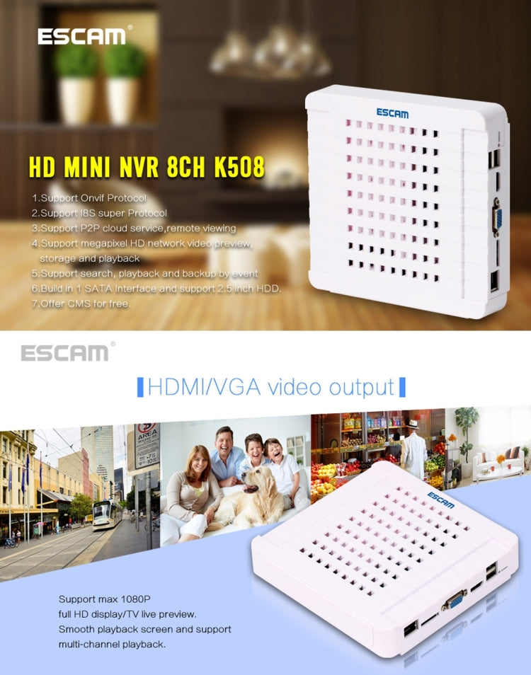 ESCAM MINI NVR K508 8CH Mini NVR Digital Video Recorder, Support VGA / HDMI / USB