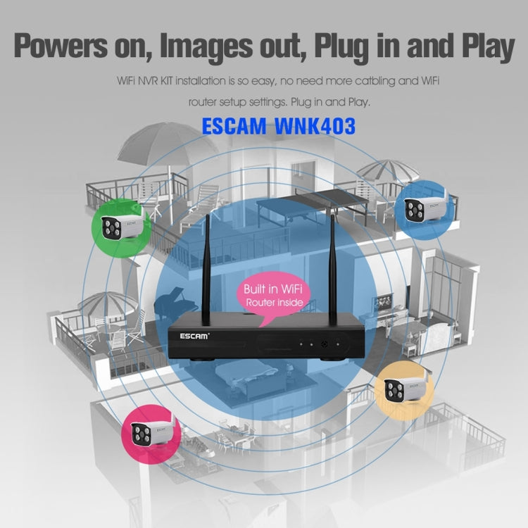 ESCAM WNK403 4CH 1080P 1/4 inch CMOS 2.0 Mega Pixel WiFi Bullet IP Camera NVR Kit, Support Night Vision / Motion Detection