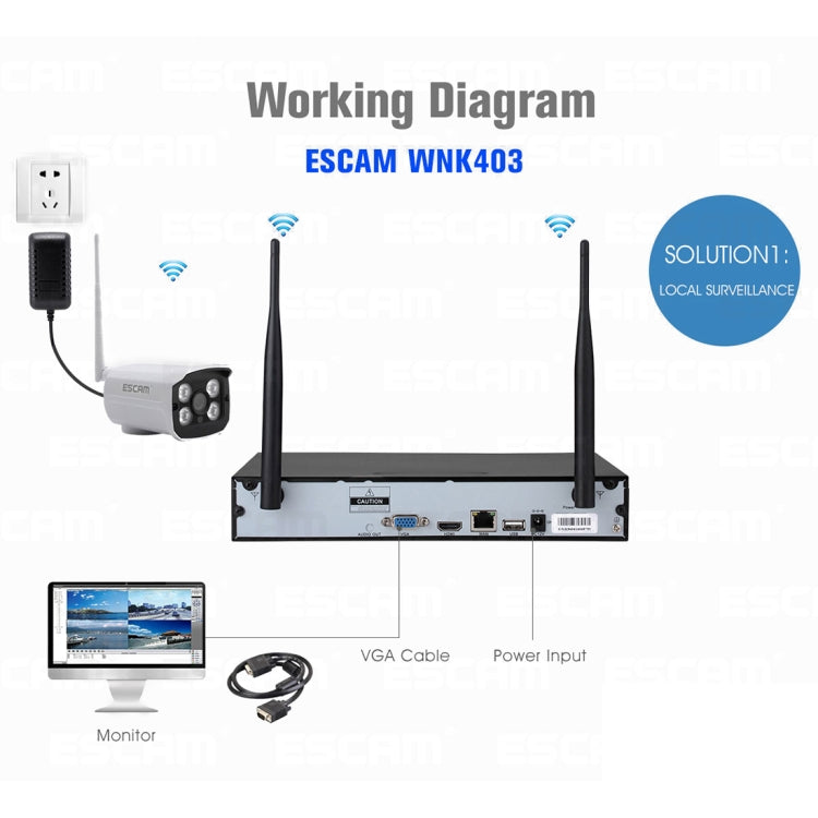 ESCAM WNK403 4CH 1080P 1/4 inch CMOS 2.0 Mega Pixel WiFi Bullet IP Camera NVR Kit, Support Night Vision / Motion Detection