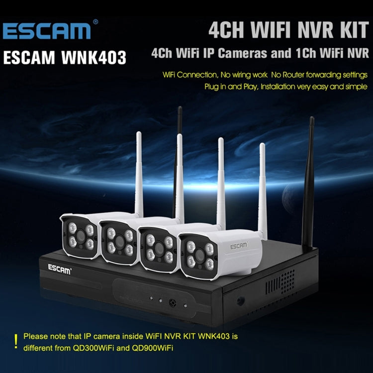 ESCAM WNK403 4CH 1080P 1/4 inch CMOS 2.0 Mega Pixel WiFi Bullet IP Camera NVR Kit, Support Night Vision / Motion Detection