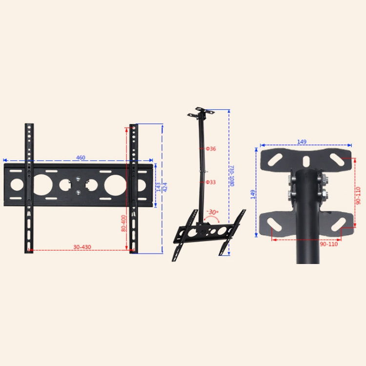 32-70 inch Universal Height & Angle Adjustable Single Screen TV Wall-mounted Ceiling Dual-use Bracket, Retractable Range: 0.5-3m