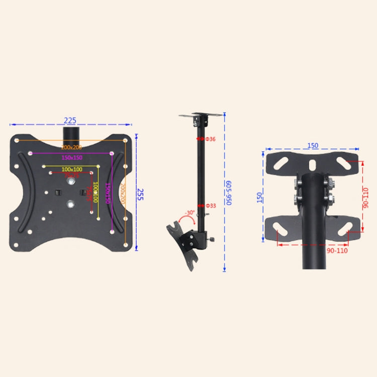 14-42 inch Universal Height & Angle Adjustable Single Screen TV Wall-mounted Ceiling Dual-use Bracket, Retractable Range: 0.5-3m