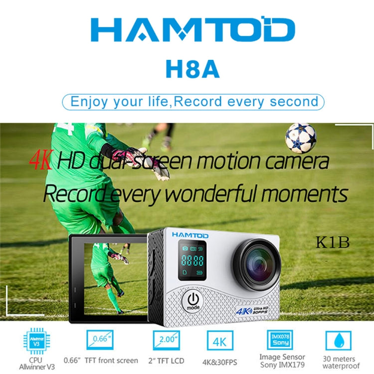 HAMTOD H8A UHD 4K WiFi Sport Camera with Waterproof Case, Allwinner V3 Program, 0.66 inch Front Screen, 2.0 inch LCD Screen, 170 Degree Wide Angle Lens