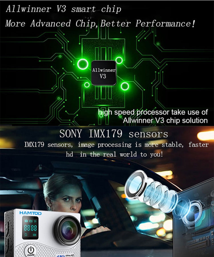 HAMTOD H8A UHD 4K WiFi Sport Camera with Waterproof Case, Allwinner V3 Program, 0.66 inch Front Screen, 2.0 inch LCD Screen, 170 Degree Wide Angle Lens