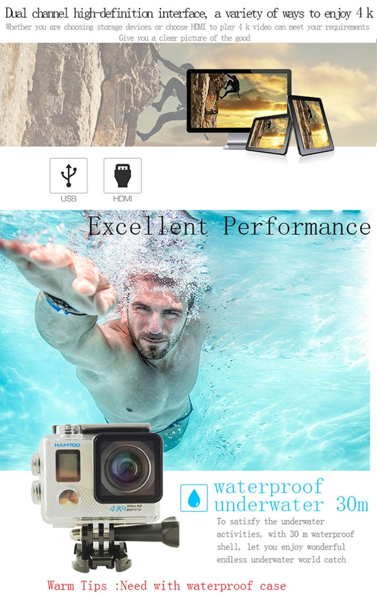 HAMTOD H8A UHD 4K WiFi Sport Camera with Waterproof Case, Allwinner V3 Program, 0.66 inch Front Screen, 2.0 inch LCD Screen, 170 Degree Wide Angle Lens