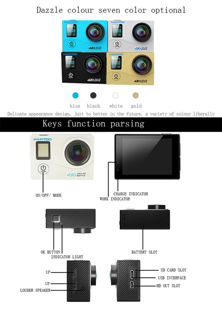 HAMTOD H8A UHD 4K WiFi Sport Camera with Waterproof Case, Allwinner V3 Program, 0.66 inch Front Screen, 2.0 inch LCD Screen, 170 Degree Wide Angle Lens