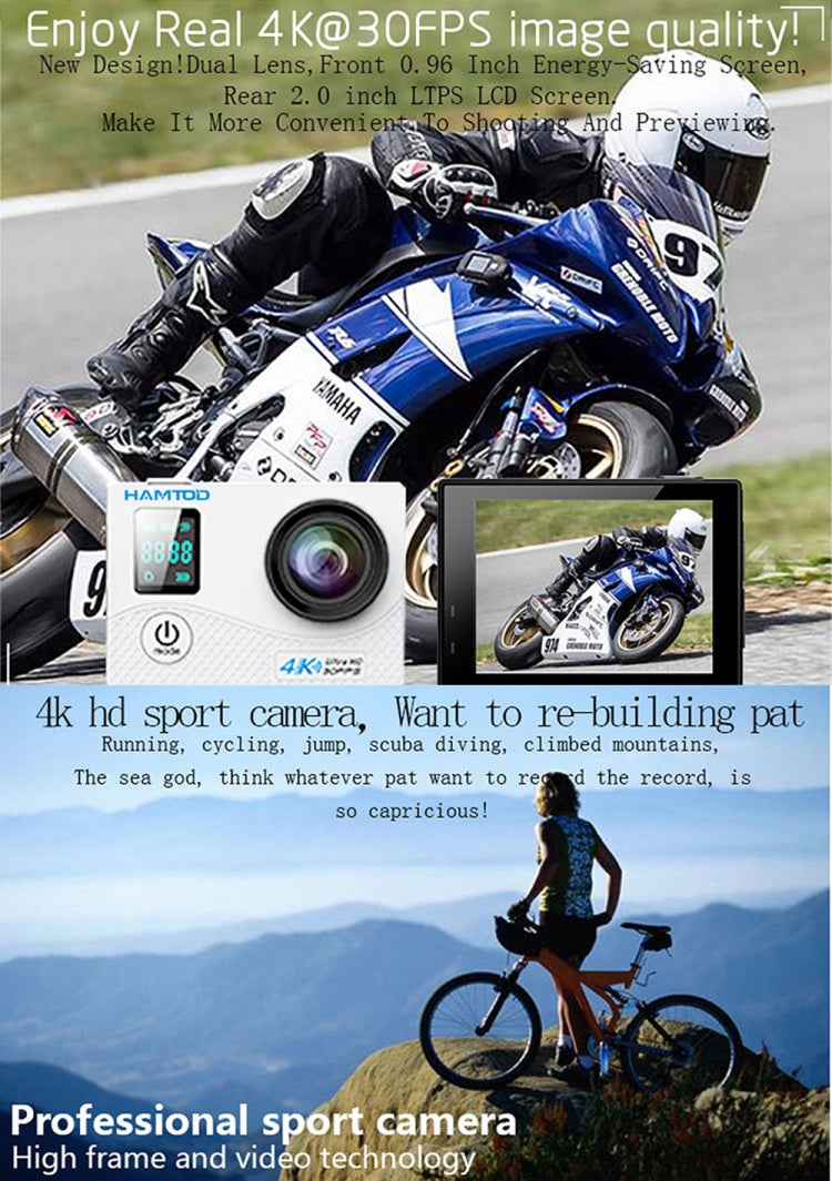 HAMTOD H8A UHD 4K WiFi Sport Camera with Waterproof Case, Allwinner V3 Program, 0.66 inch Front Screen, 2.0 inch LCD Screen, 170 Degree Wide Angle Lens