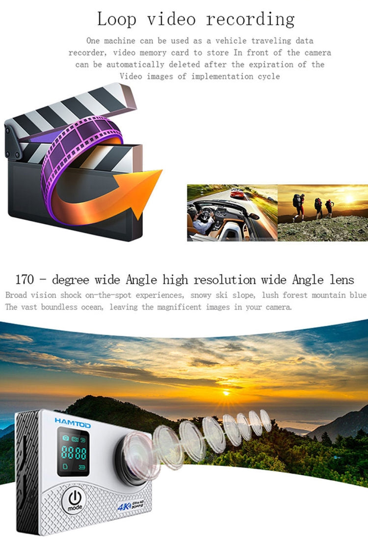 HAMTOD H8A UHD 4K WiFi Sport Camera with Waterproof Case, Allwinner V3 Program, 0.66 inch Front Screen, 2.0 inch LCD Screen, 170 Degree Wide Angle Lens