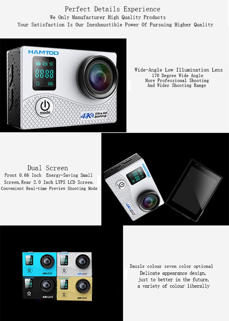 HAMTOD H8A UHD 4K WiFi Sport Camera with Waterproof Case, Allwinner V3 Program, 0.66 inch Front Screen, 2.0 inch LCD Screen, 170 Degree Wide Angle Lens