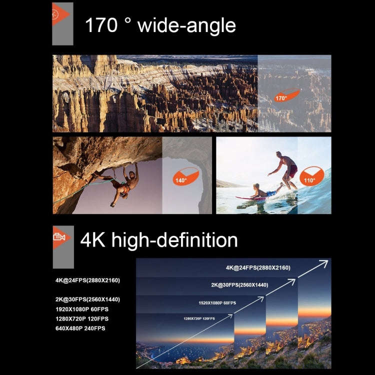 HAMTOD H12 UHD 4K WiFi  Sport Camera with Waterproof Case, Generalplus 4247, 0.66 inch + 2.0 inch LCD Screen, 170 Degree Wide Angle Lens