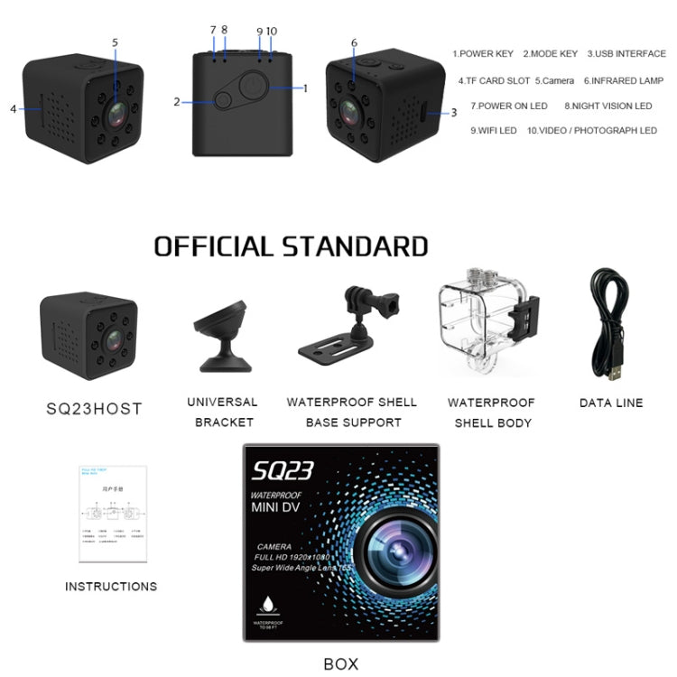 SQ23 Ultra-Mini DV Pocket WiFi 1080P 30fps Digital Video Recorder 2.0MP Camera Camcorder with 30m Waterproof Case, Support IR Night Vision(Black)