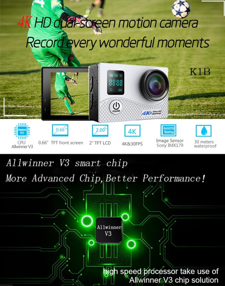HAMTOD HK1BP UHD 4K WiFi Sport Camera with Waterproof Case, Allwinner V3, 0.66 inch + 2.0 inch LCD Screen, 170 Degree Wide Angle Fisheye Lens