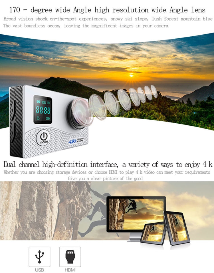 HAMTOD HK1BP UHD 4K WiFi Sport Camera with Waterproof Case, Allwinner V3, 0.66 inch + 2.0 inch LCD Screen, 170 Degree Wide Angle Fisheye Lens