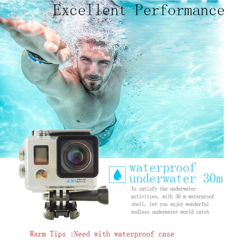 HAMTOD HK1BP UHD 4K WiFi Sport Camera with Waterproof Case, Allwinner V3, 0.66 inch + 2.0 inch LCD Screen, 170 Degree Wide Angle Fisheye Lens