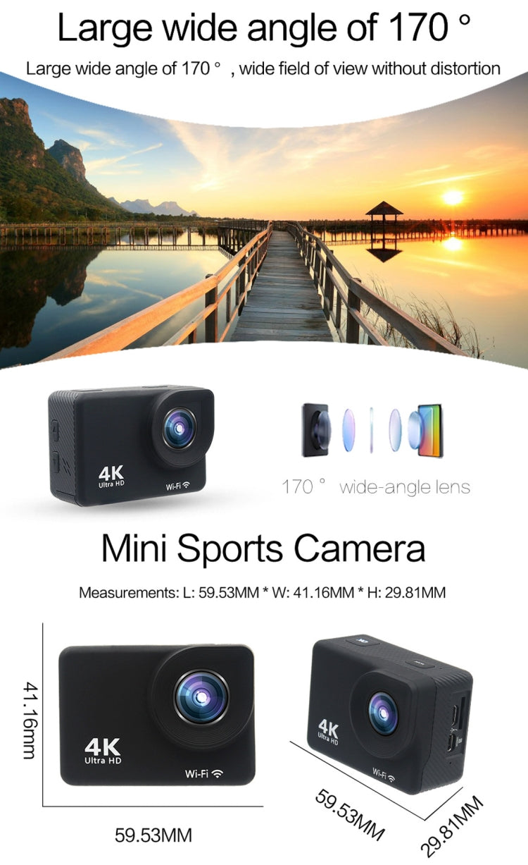 HAMTOD H2A HD 4K WiFi Sport Camera with Waterproof Case, Generalplus 5168, 2.0 inch Touch LCD Screen, 170 Degree Wide Angle Lens(Black)