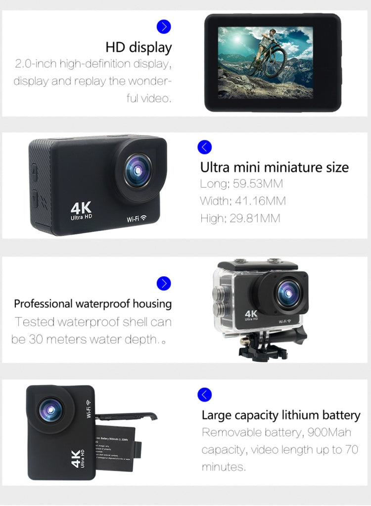 HAMTOD H2A HD 4K WiFi Sport Camera with Waterproof Case, Generalplus 5168, 2.0 inch Touch LCD Screen, 170 Degree Wide Angle Lens(Black)
