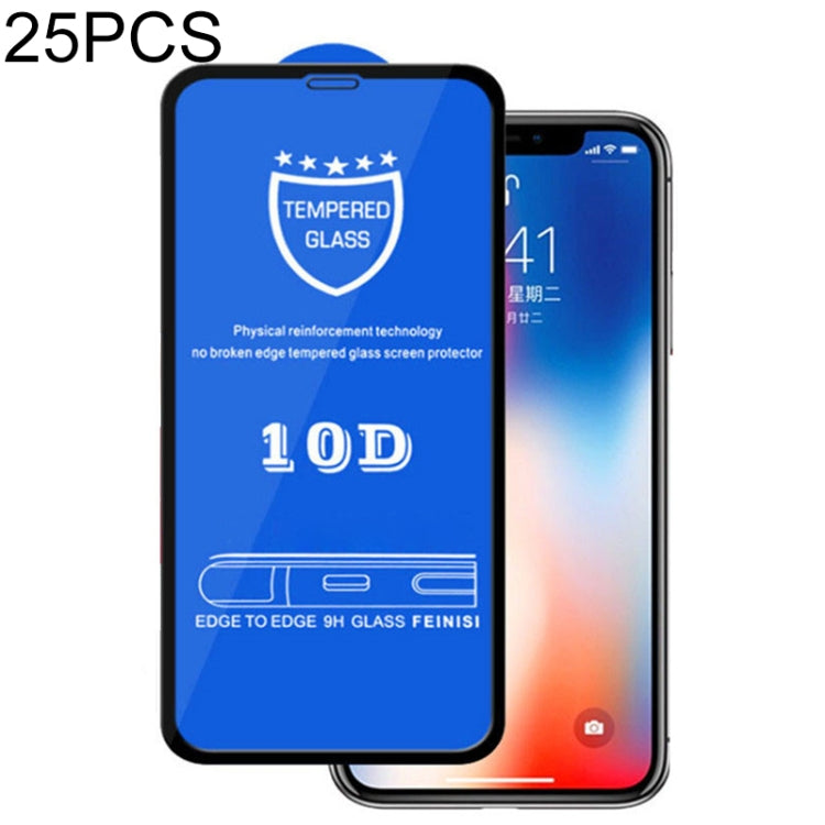 For iPhone XS Max 25pcs 10D Full Glue Silk Print Tempered Glass Film(Black)