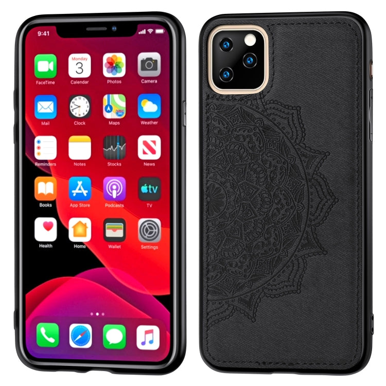 For iPhone 11 Pro Embossed Mandala pattern PC + TPU + Fabric Phone Case , with Lanyard & Magnetic