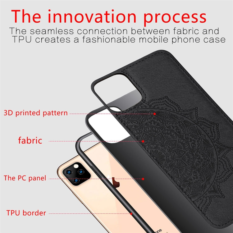 For iPhone 11 Pro Embossed Mandala pattern PC + TPU + Fabric Phone Case , with Lanyard & Magnetic