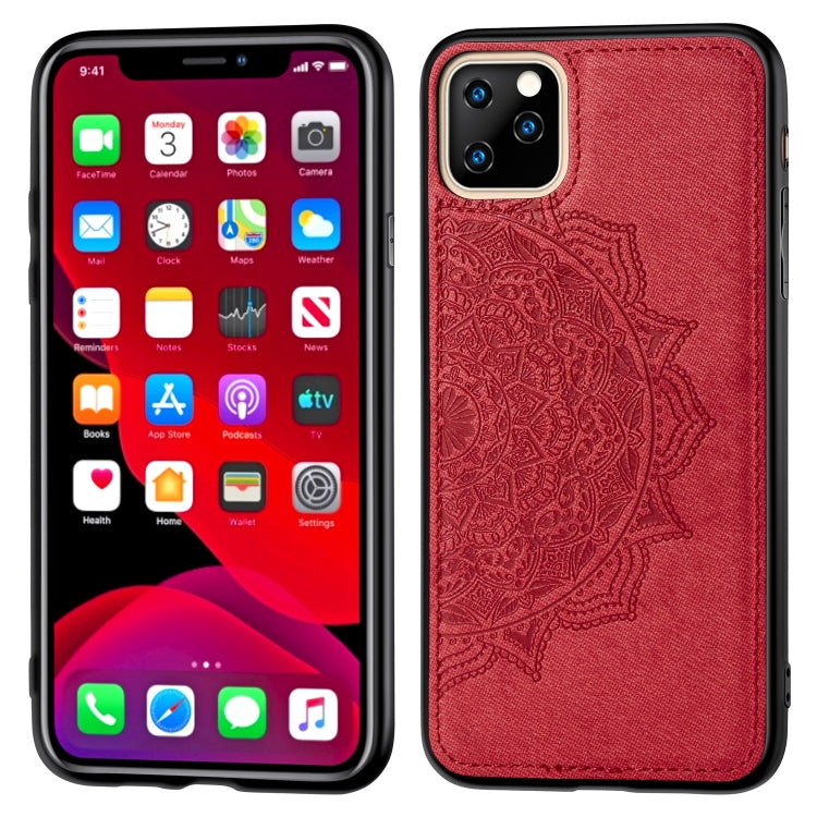 For iPhone 11 Pro Embossed Mandala pattern PC + TPU + Fabric Phone Case , with Lanyard & Magnetic