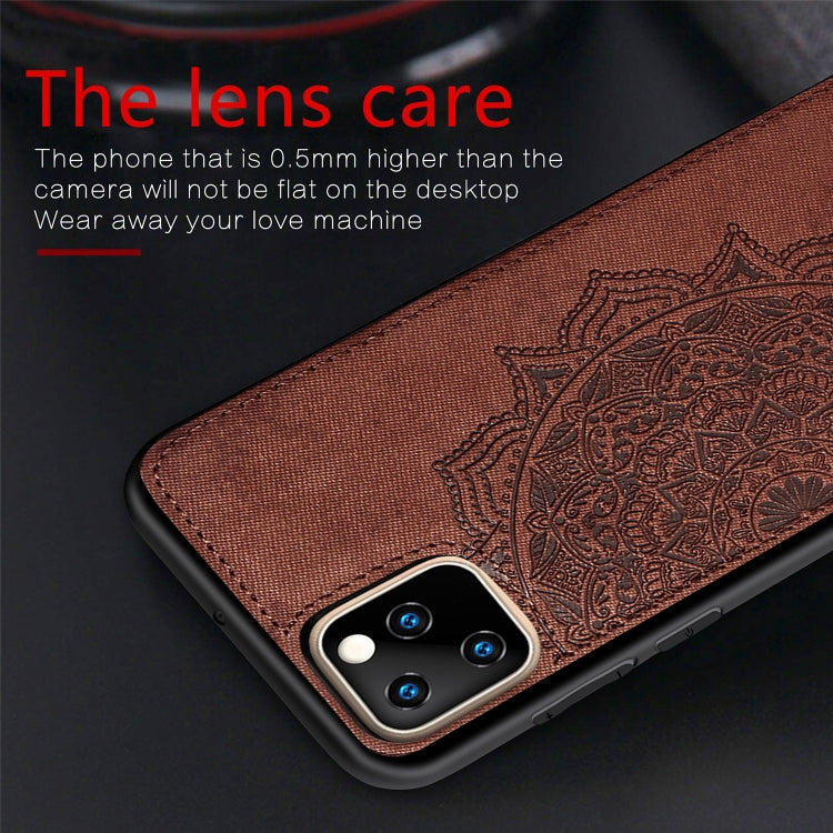 For iPhone 11 Pro Embossed Mandala pattern PC + TPU + Fabric Phone Case , with Lanyard & Magnetic