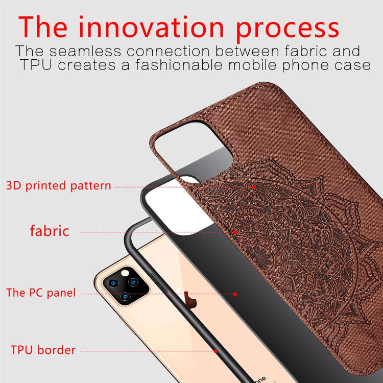 For iPhone 11 Pro Embossed Mandala pattern PC + TPU + Fabric Phone Case , with Lanyard & Magnetic