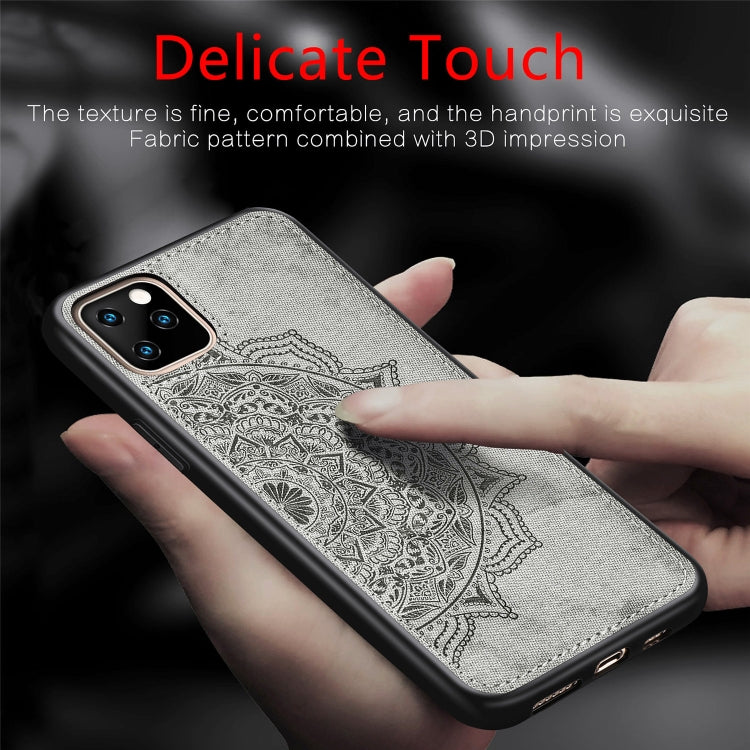 For iPhone 11 Pro Embossed Mandala pattern PC + TPU + Fabric Phone Case , with Lanyard & Magnetic