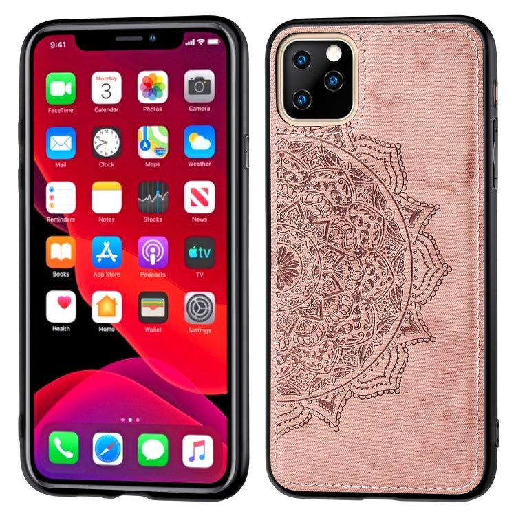 For iPhone 11 Pro Embossed Mandala pattern PC + TPU + Fabric Phone Case , with Lanyard & Magnetic