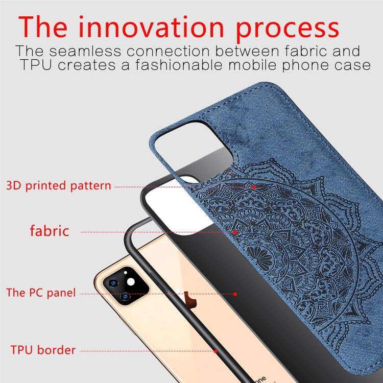 For iPhone 11 Embossed Mandala pattern PC + TPU + Fabric Phone Case, with Lanyard & Magnetic