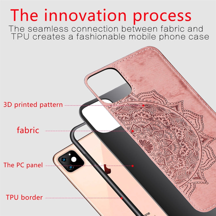 For iPhone 11 Embossed Mandala pattern PC + TPU + Fabric Phone Case, with Lanyard & Magnetic