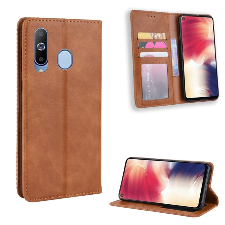 Magnetic Buckle Retro Crazy Horse Texture Horizontal Flip Leather Case for Galaxy A60, with Holder & Card Slots & Photo Frame