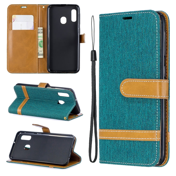 Color Matching Denim Texture Leather Case for Samsung Galaxy A20E, with Holder & Card Slots & Wallet & Lanyard