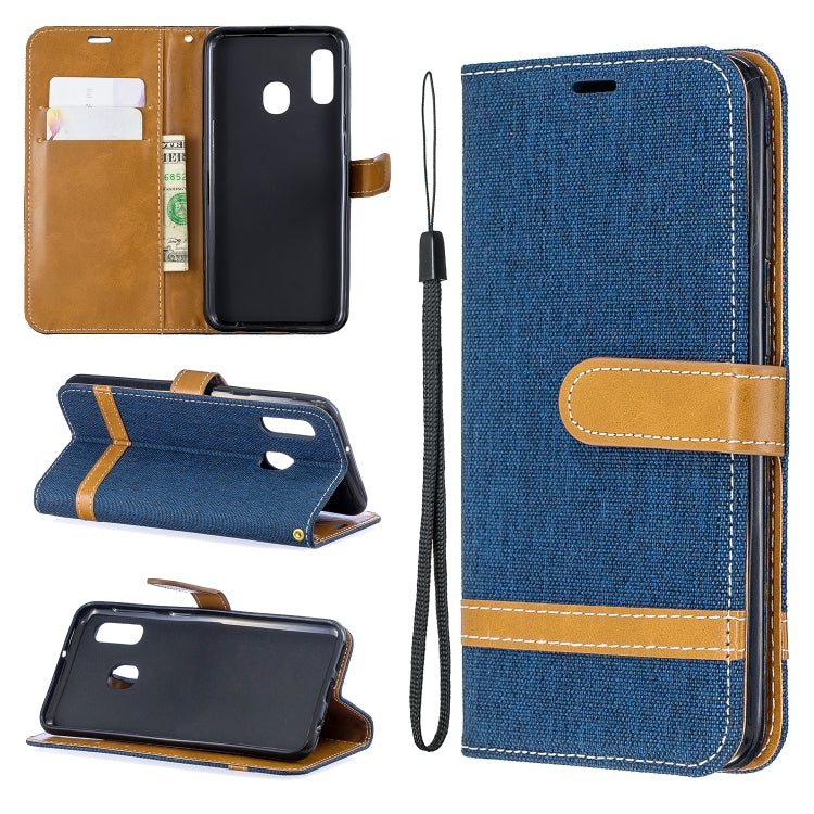 Color Matching Denim Texture Leather Case for Samsung Galaxy A20E, with Holder & Card Slots & Wallet & Lanyard