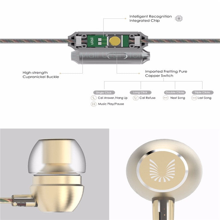 UiiSii HM7 In-ear Headphones Super Bass Stereo Earphone with Microphone Metal 3.5mm for iPhone /Samsung Mobile Phone Go pro MP3(golden)