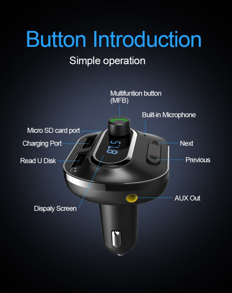 T19 Car Bluetooth Hands-Free Phone Car Charger Car Bluetooth MP3 Player black