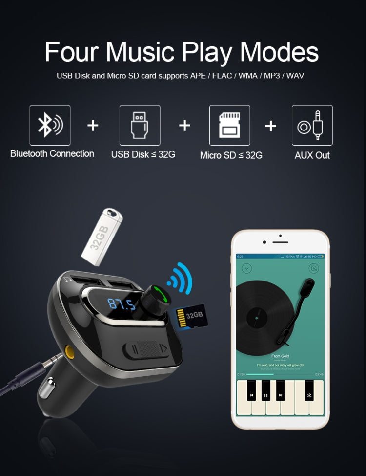 T19 Car Bluetooth Hands-Free Phone Car Charger Car Bluetooth MP3 Player black