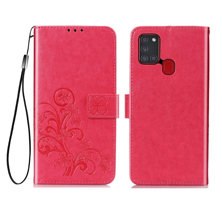 For Samsung Galaxy A21s Four-leaf Clasp Embossed Buckle Mobile Phone Protection Leather Case with Lanyard & Card Slot & Wallet & Bracket Function