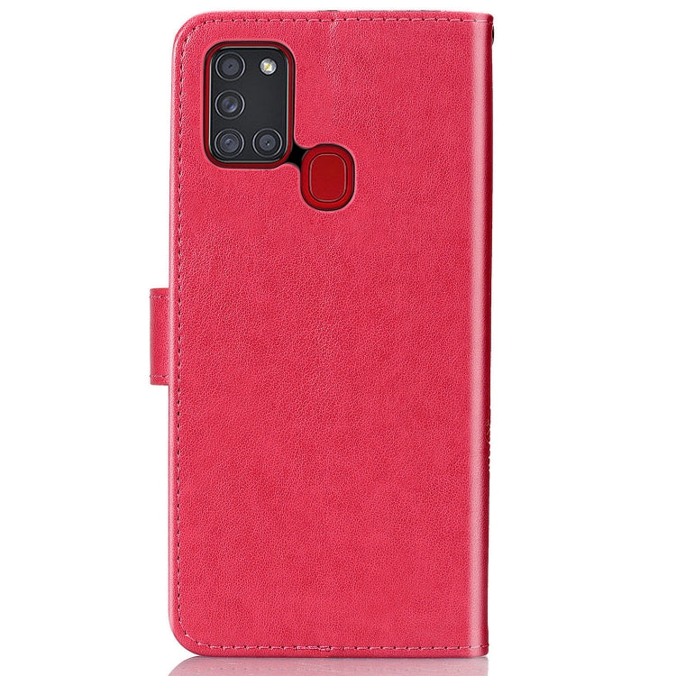 For Samsung Galaxy A21s Four-leaf Clasp Embossed Buckle Mobile Phone Protection Leather Case with Lanyard & Card Slot & Wallet & Bracket Function