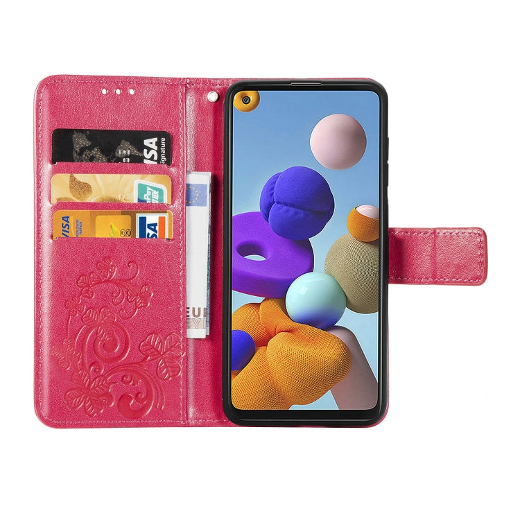For Samsung Galaxy A21s Four-leaf Clasp Embossed Buckle Mobile Phone Protection Leather Case with Lanyard & Card Slot & Wallet & Bracket Function