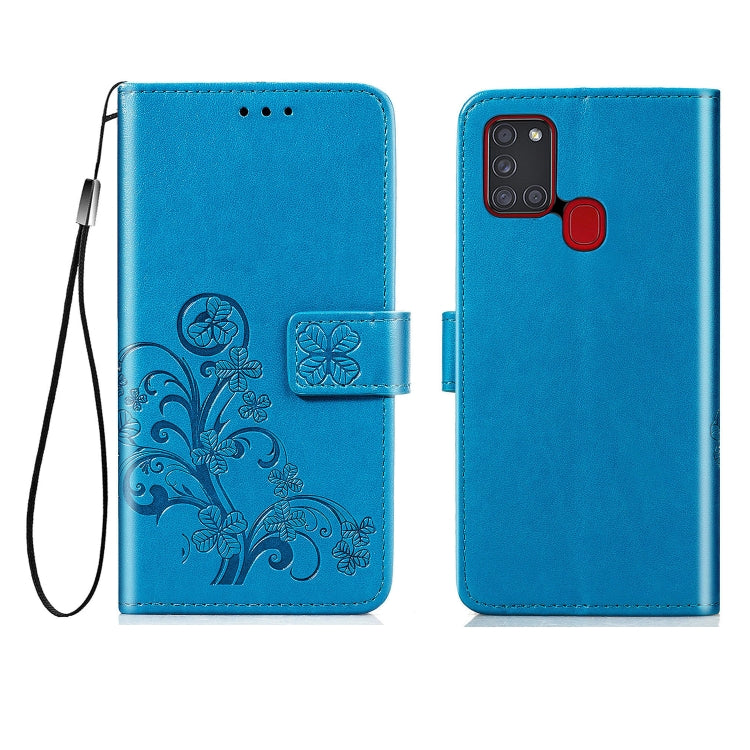For Samsung Galaxy A21s Four-leaf Clasp Embossed Buckle Mobile Phone Protection Leather Case with Lanyard & Card Slot & Wallet & Bracket Function