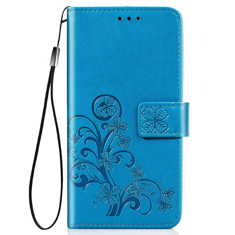 For Samsung Galaxy A21s Four-leaf Clasp Embossed Buckle Mobile Phone Protection Leather Case with Lanyard & Card Slot & Wallet & Bracket Function