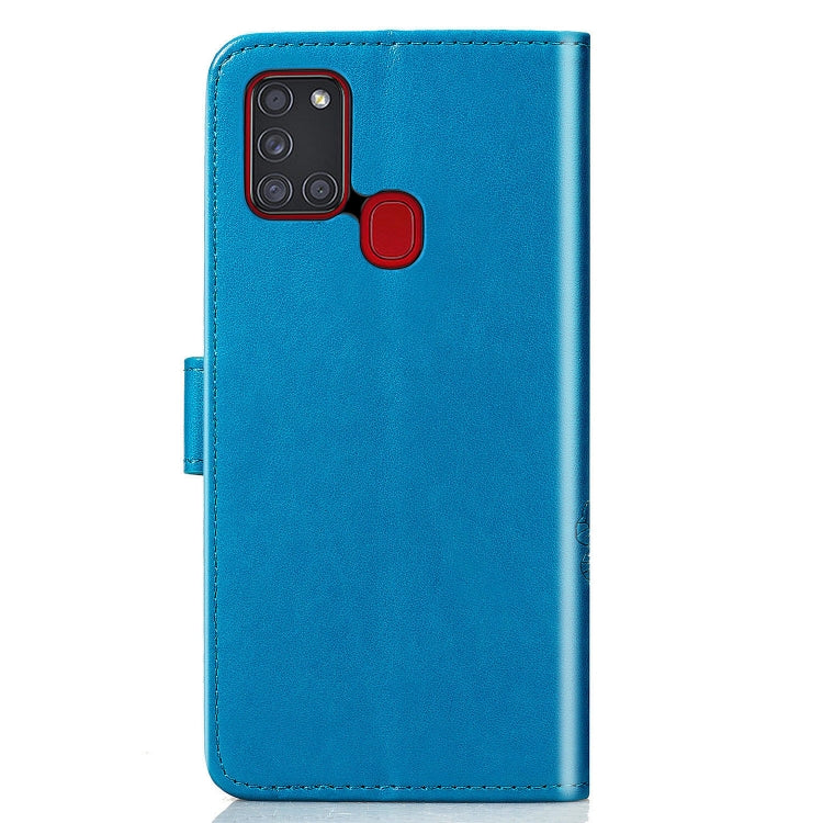 For Samsung Galaxy A21s Four-leaf Clasp Embossed Buckle Mobile Phone Protection Leather Case with Lanyard & Card Slot & Wallet & Bracket Function