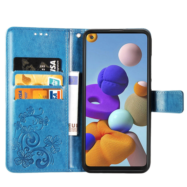 For Samsung Galaxy A21s Four-leaf Clasp Embossed Buckle Mobile Phone Protection Leather Case with Lanyard & Card Slot & Wallet & Bracket Function