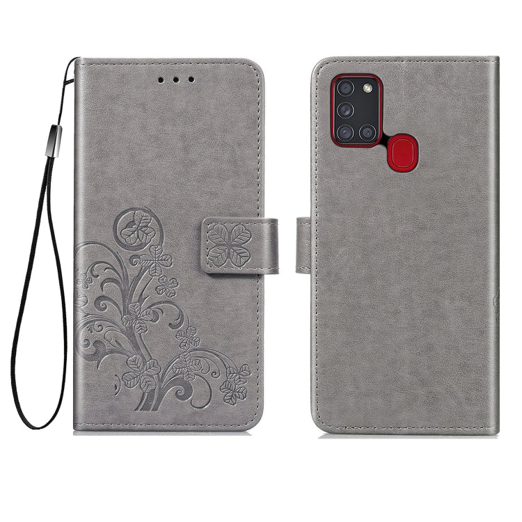 For Samsung Galaxy A21s Four-leaf Clasp Embossed Buckle Mobile Phone Protection Leather Case with Lanyard & Card Slot & Wallet & Bracket Function