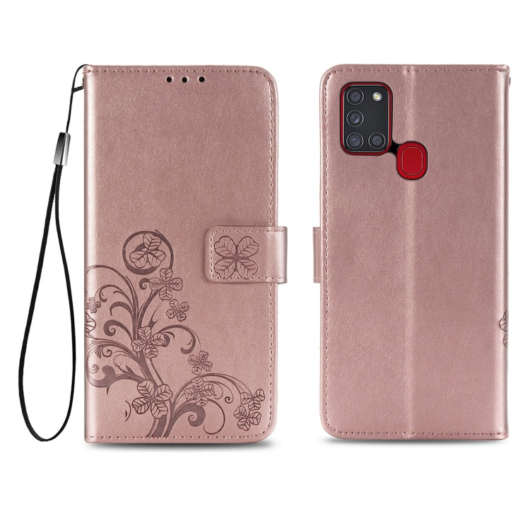 For Samsung Galaxy A21s Four-leaf Clasp Embossed Buckle Mobile Phone Protection Leather Case with Lanyard & Card Slot & Wallet & Bracket Function