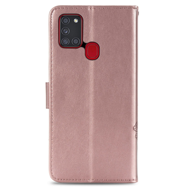 For Samsung Galaxy A21s Four-leaf Clasp Embossed Buckle Mobile Phone Protection Leather Case with Lanyard & Card Slot & Wallet & Bracket Function