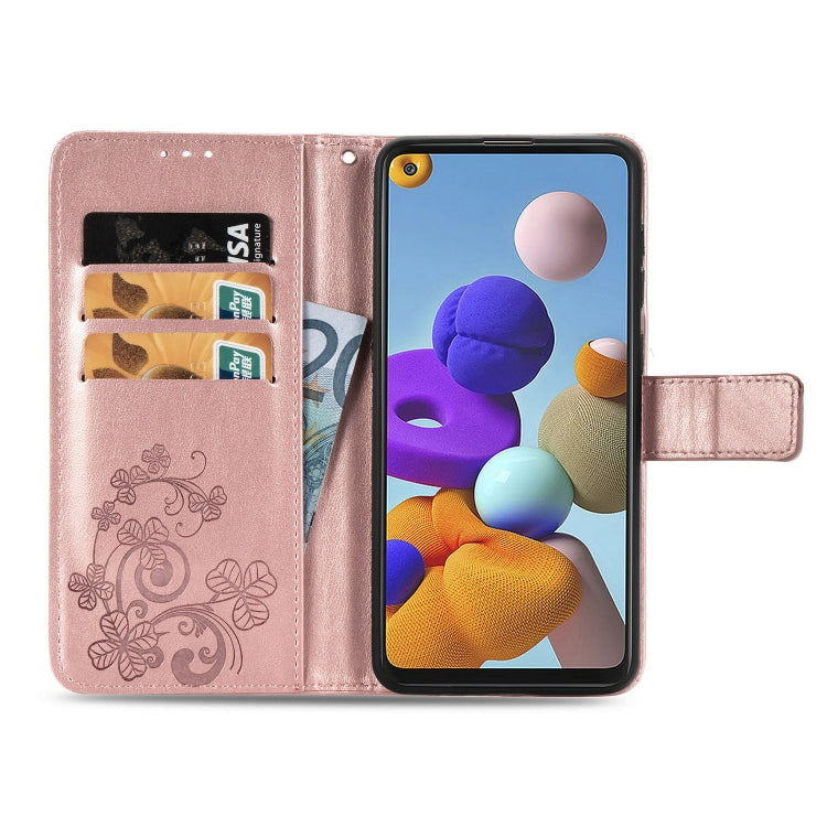 For Samsung Galaxy A21s Four-leaf Clasp Embossed Buckle Mobile Phone Protection Leather Case with Lanyard & Card Slot & Wallet & Bracket Function