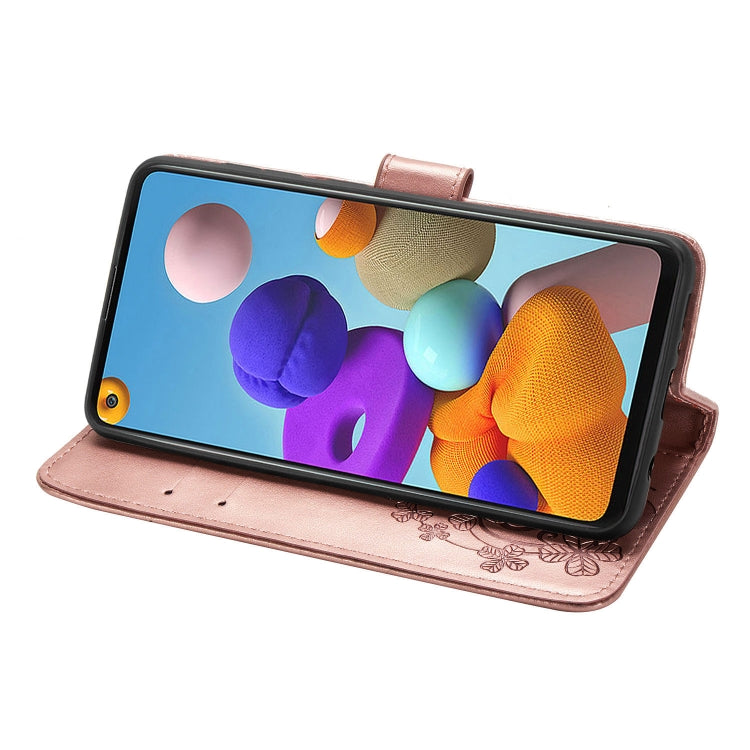 For Samsung Galaxy A21s Four-leaf Clasp Embossed Buckle Mobile Phone Protection Leather Case with Lanyard & Card Slot & Wallet & Bracket Function
