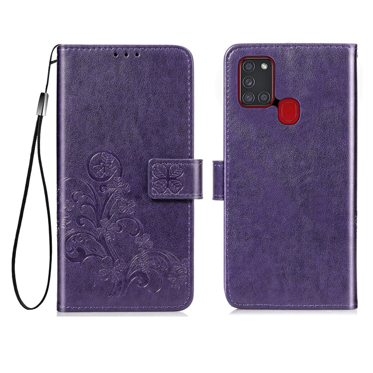For Samsung Galaxy A21s Four-leaf Clasp Embossed Buckle Mobile Phone Protection Leather Case with Lanyard & Card Slot & Wallet & Bracket Function